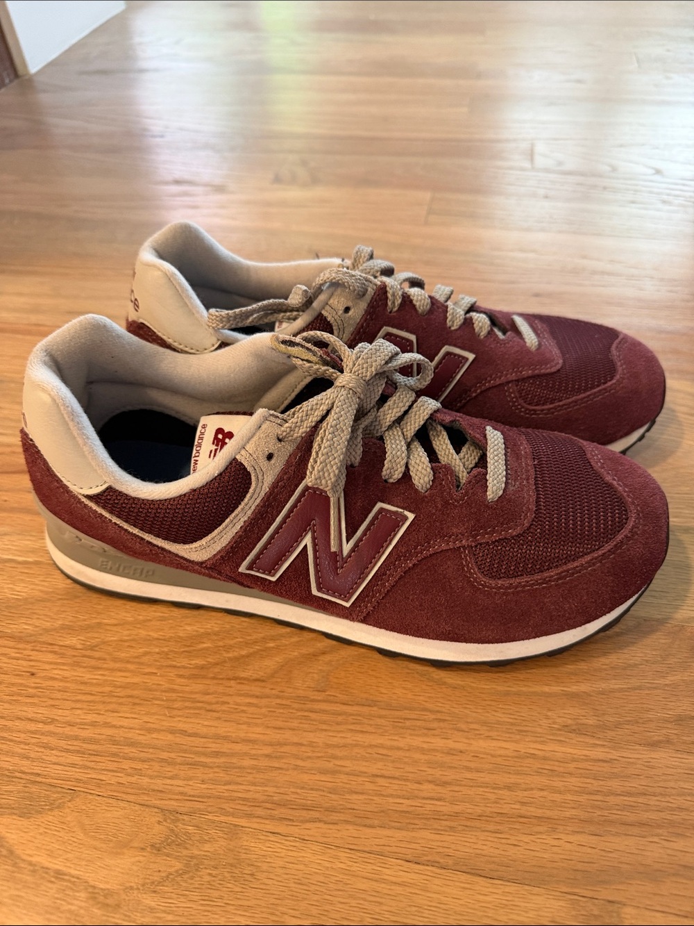 Men’s New Balance 574’s Burgundy Suede & Mesh Sneakers with Gray Accents